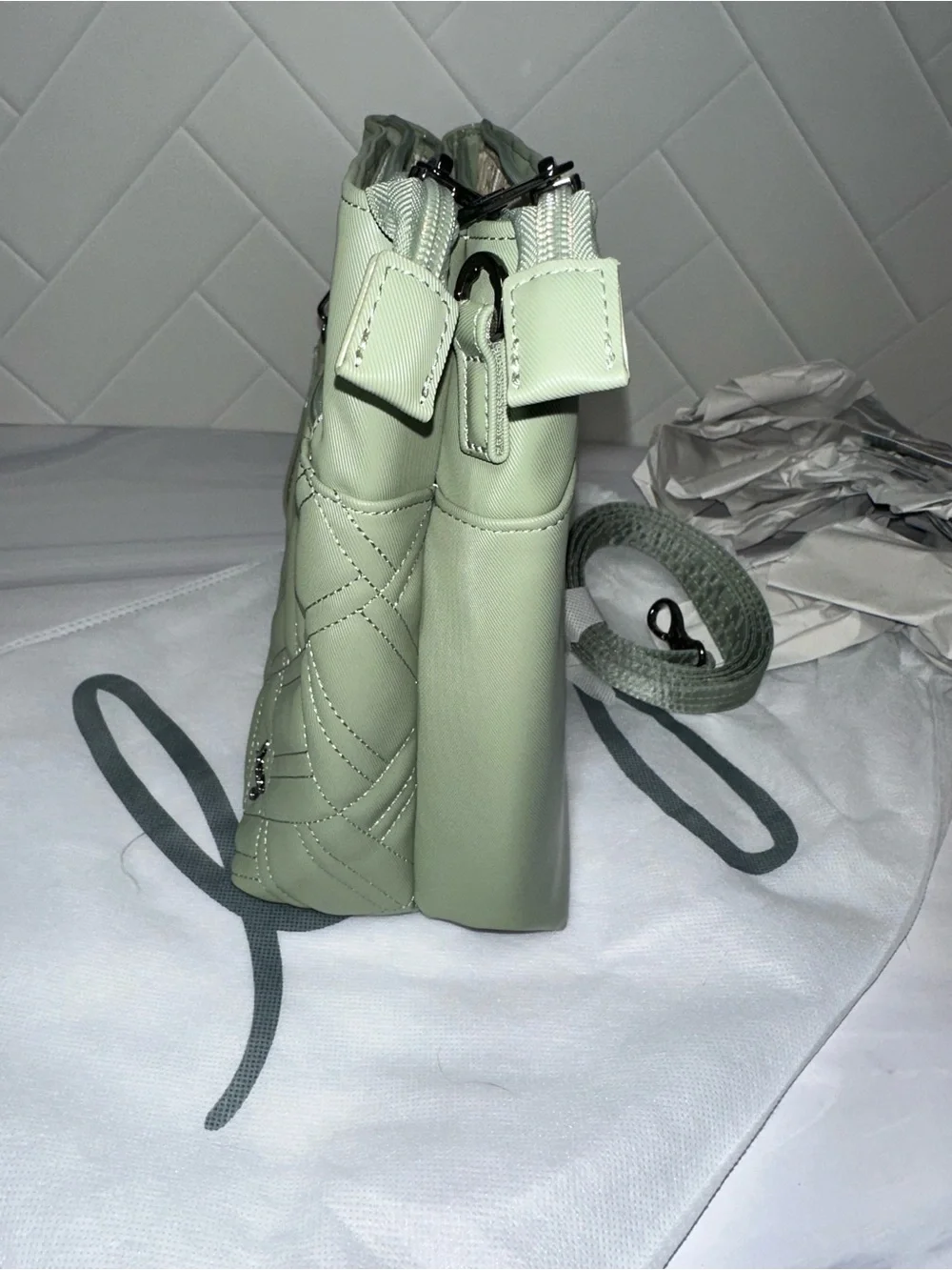 Lug Double Dip Satin Luxe Vegan Leather crossbody Sage Green / New!
